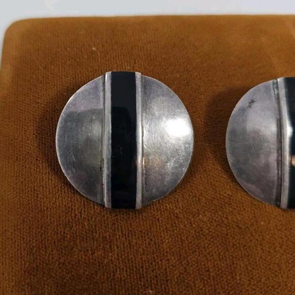 925 Sterling Silver Black Onyx Stud Earrings Statement Round Mid Century Western - Picture 2 of 8